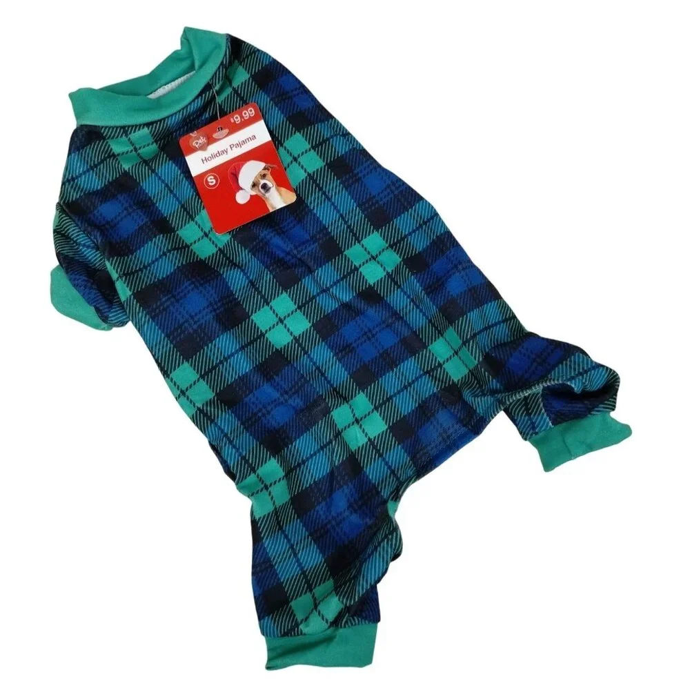 Pet Central Dog Small 10 inch Holiday Pajamas Green and Blue Tartan Plaid
